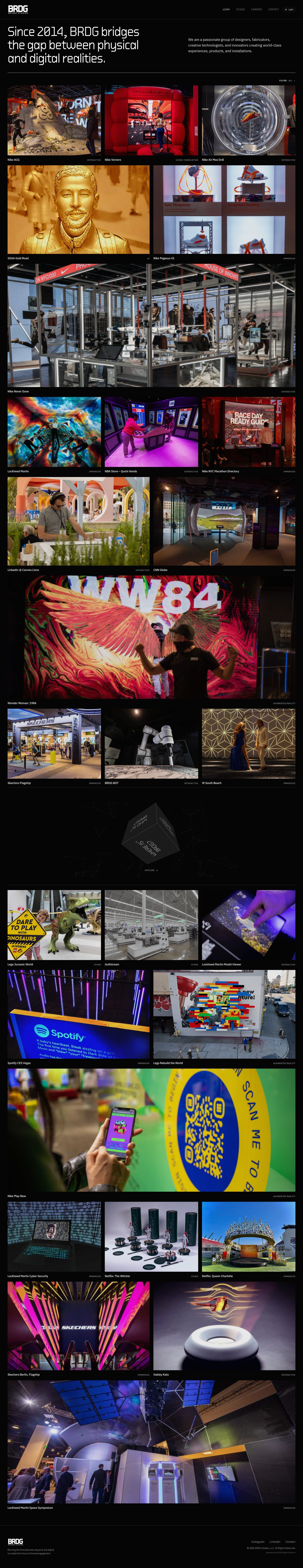 BRDG Studios website launch — homepage hero and full work grid